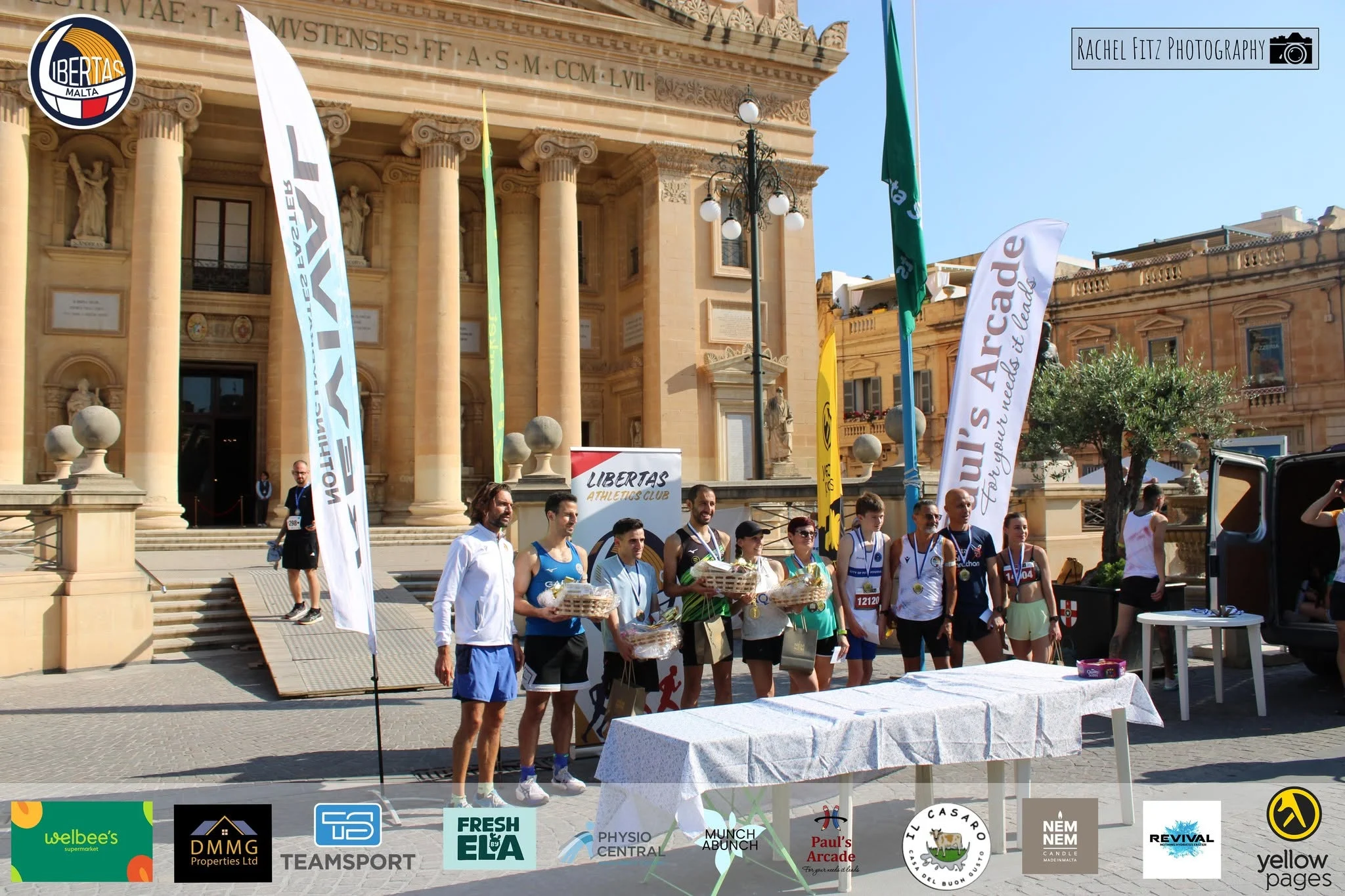 Athletes gathered for an awards presentation at a Libertas-supported road race in Malta